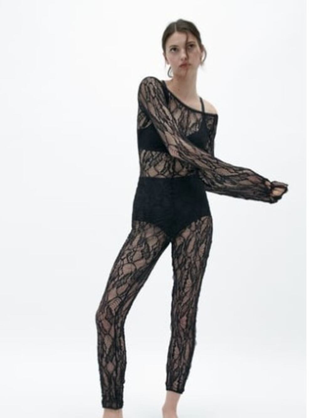 Zara Sexy Black Stretch Fit Lace Jumpsuit Size Medium